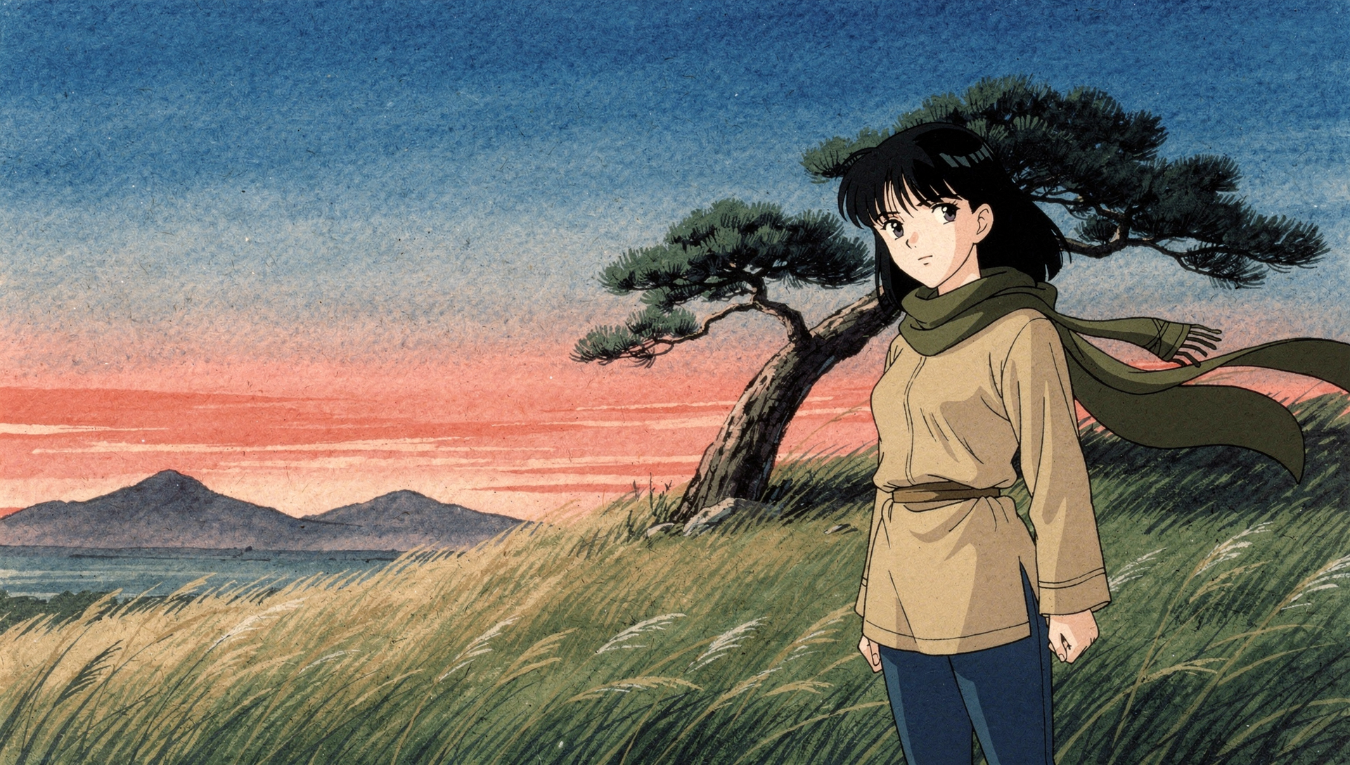 Classical cel-animation · windswept hilltop at sunset · painterly watercolor backdrop