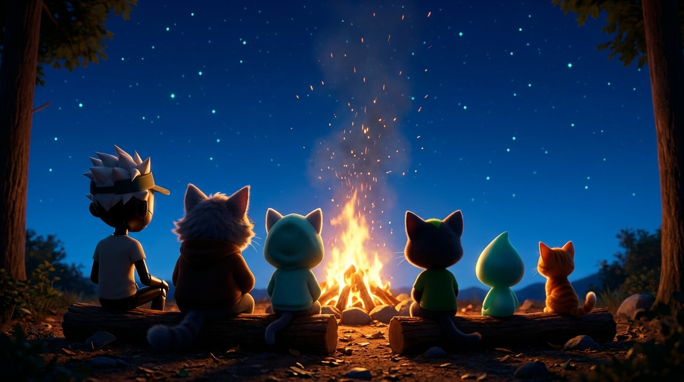 Hyperliquid · ensemble at the campfire · stars + warm firelight